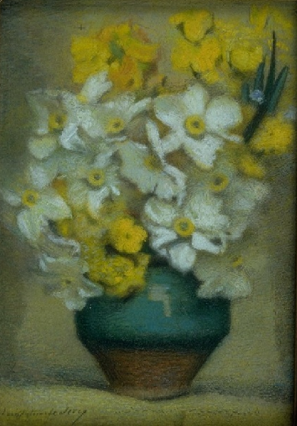 Narcisses et giroflées dans un vase